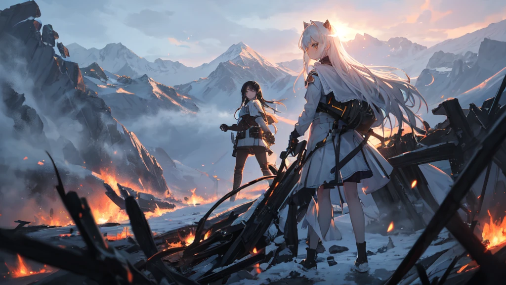 masterpiece:1.2), best quality , 独奏 ,pixiv, anime girl ,long straight white hair , black eyes ,Wearing off-white camouflage uniform ,,modern battlefield,(Eyes looking into the distance:1.3),(look away:1.5),snowy weather,dirty face,The background is a sea of fire with blood on the forehead,dirty face,Backlight,Bare rocky peaks ,Fierce flames are burning,The expression is sad,bullets flying,leave tears
