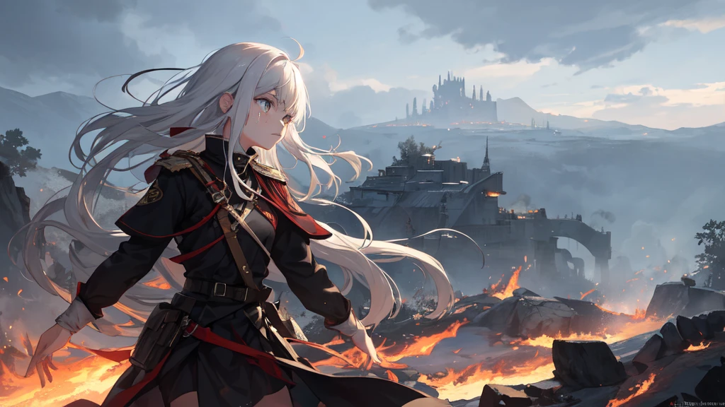 masterpiece:1.2), best quality , 独奏 ,pixiv, anime girl ，long straight white hair , black eyes ,Wearing off-white camouflage uniform ,ten years old，modern battlefield，(Eyes looking into the distance:1.3)，(look away:1.5)，snowy weather，dirty face，The background is a sea of fire with blood on the forehead，dirty face，Backlight，Bare rocky peaks ,Fierce flames are burning，The expression is sad，bullets flying，leave tears