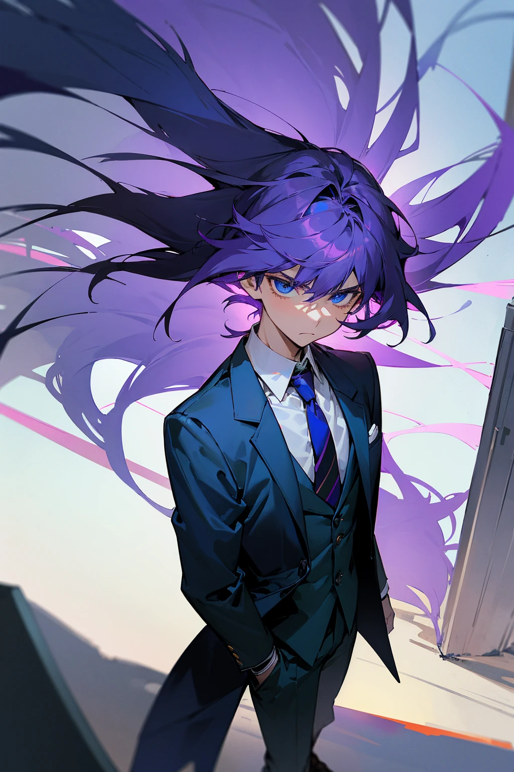 1male , Purple Hair , Blue Eyes , Serious Expression , Messy Hair , Dark Greenish Blue blazer with a white collared shirt and navy blue tie ,, Perfect Generation , Young Male , Modern City Background , Standing on sidewalk