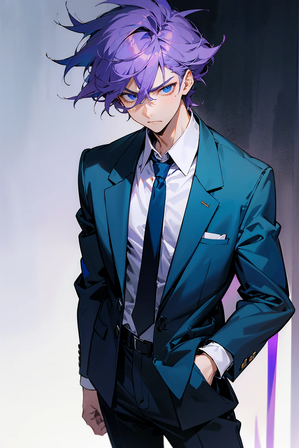 1male , Purple Hair , Blue Eyes , Serious Expression , Messy Hair , Dark Greenish Blue blazer with a white collared shirt and navy blue tie ,, Perfect Generation , Young Male , Modern City Background , Standing on sidewalk