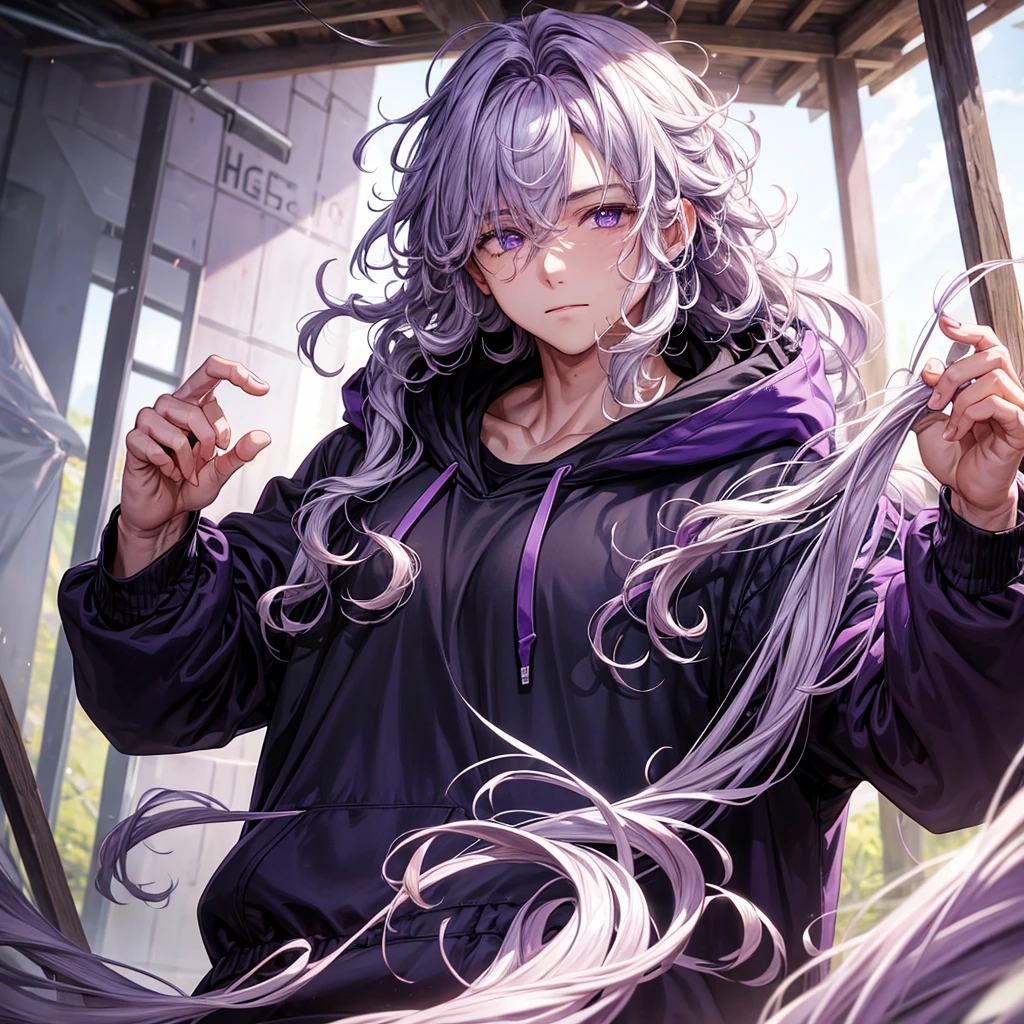 A man with white curly hair,have purple eyes,half face damaged,wearing hoodie,on nature set