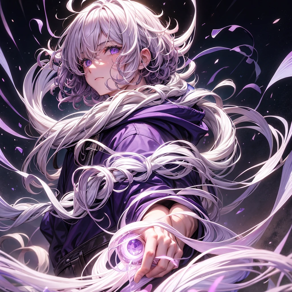 A man with white curly hair,have purple eyes,half face damaged,wearing hoodie,on nature set