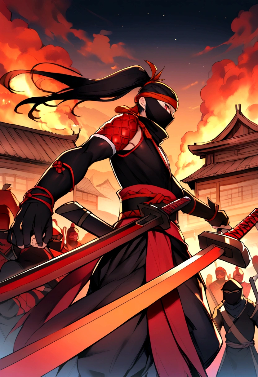 Black ninja, cross swords with a red samurai, village on fire