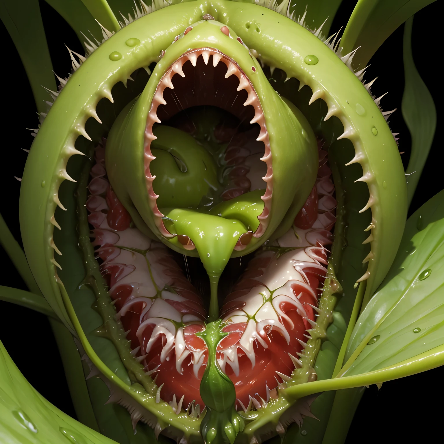 one giant bulbous venus flytrap carnivorous plant opening its mouth, from above, slimy, digestive acids, wet