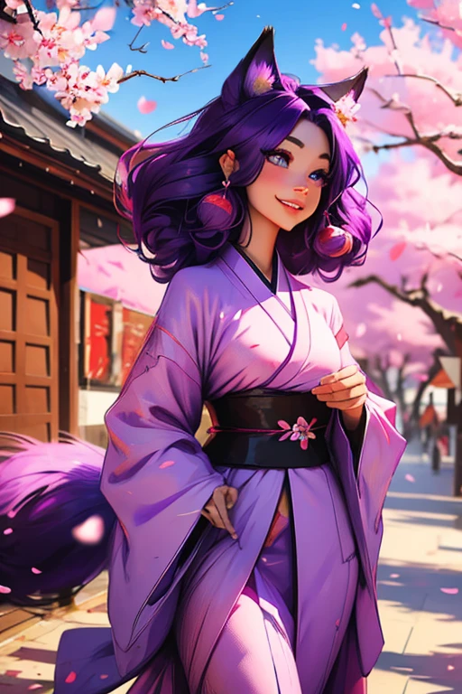 A purple haired nine tailed kitsune woman with purple eyes with purple fox ears and nine purple fox tails with an hourglass figure in a kimono is smiling in a flurry of cherry blossoms petals