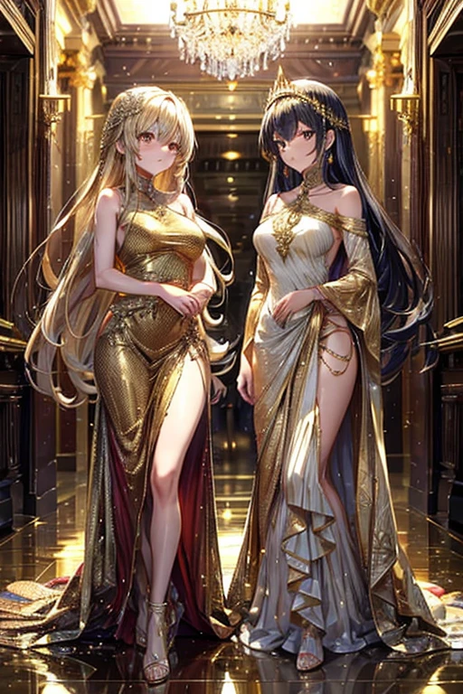Two women in dresses standing side by side in a hallway, シルキーcovered in gold, Golden Dress, covered in gold, Gold Silk, Elegant evening dresses!, Aodai, Elegant gold body, シルキーパープルとcovered in gold, In Ram Man style, Golden Goddess, Golden Robe, Wearing a long gown, Golden Clothes, Golden hues appear naturally