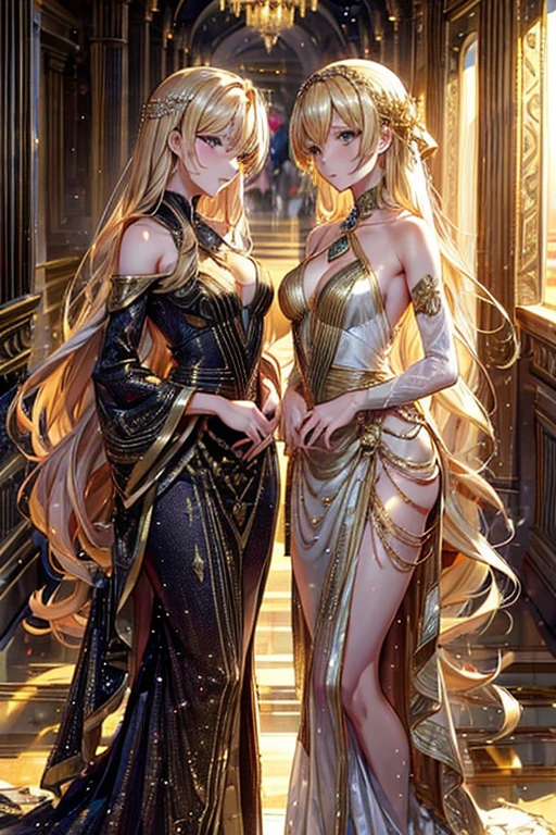 Two women in dresses standing side by side in a hallway, シルキーcovered in gold, Golden Dress, covered in gold, Gold Silk, Elegant evening dresses!, Aodai, Elegant gold body, シルキーパープルとcovered in gold, In Ram Man style, Golden Goddess, Golden Robe, Wearing a long gown, Golden Clothes, Golden hues appear naturally