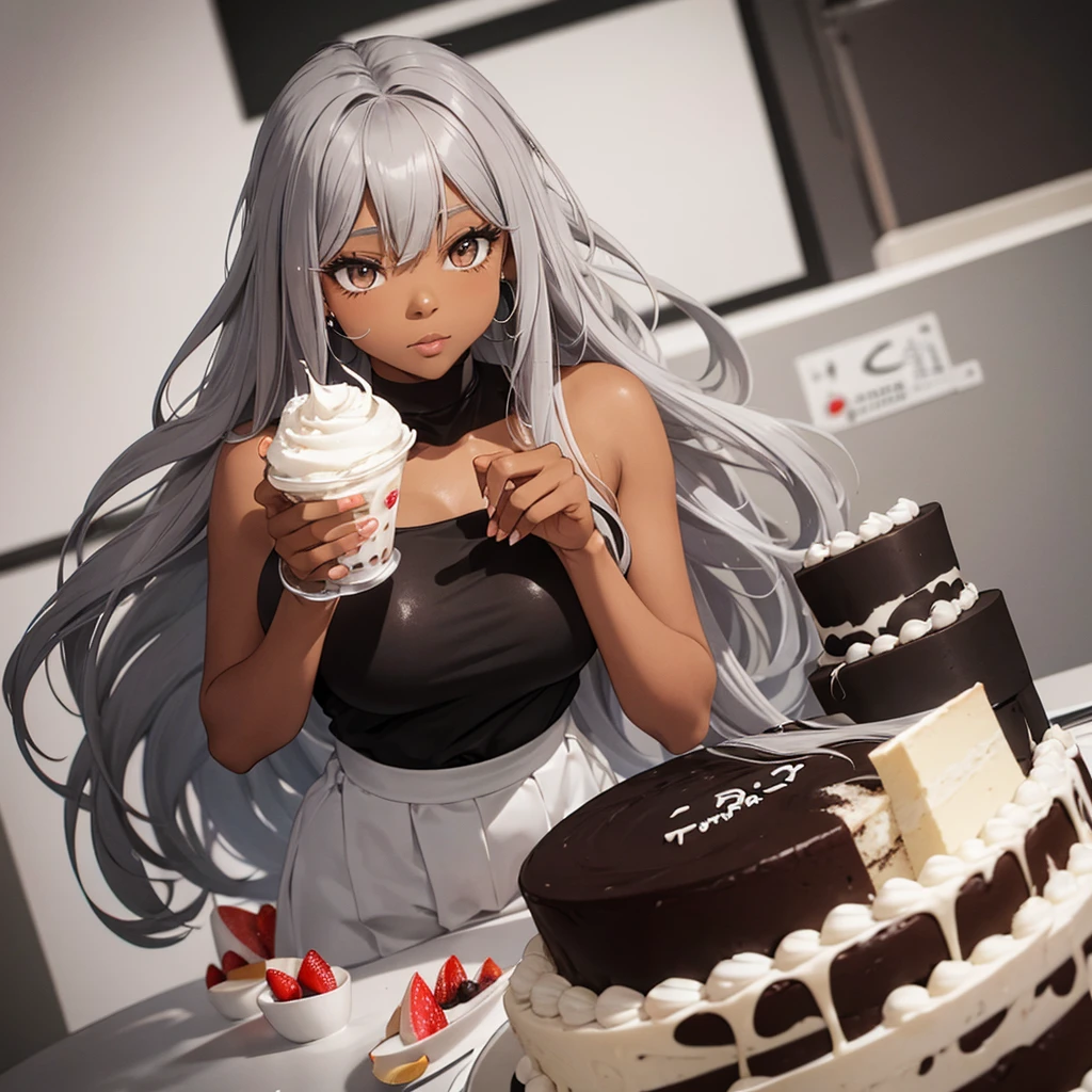 Black girl with long gray hair, gray eyes. thin lips fat body It floats in the cake cream