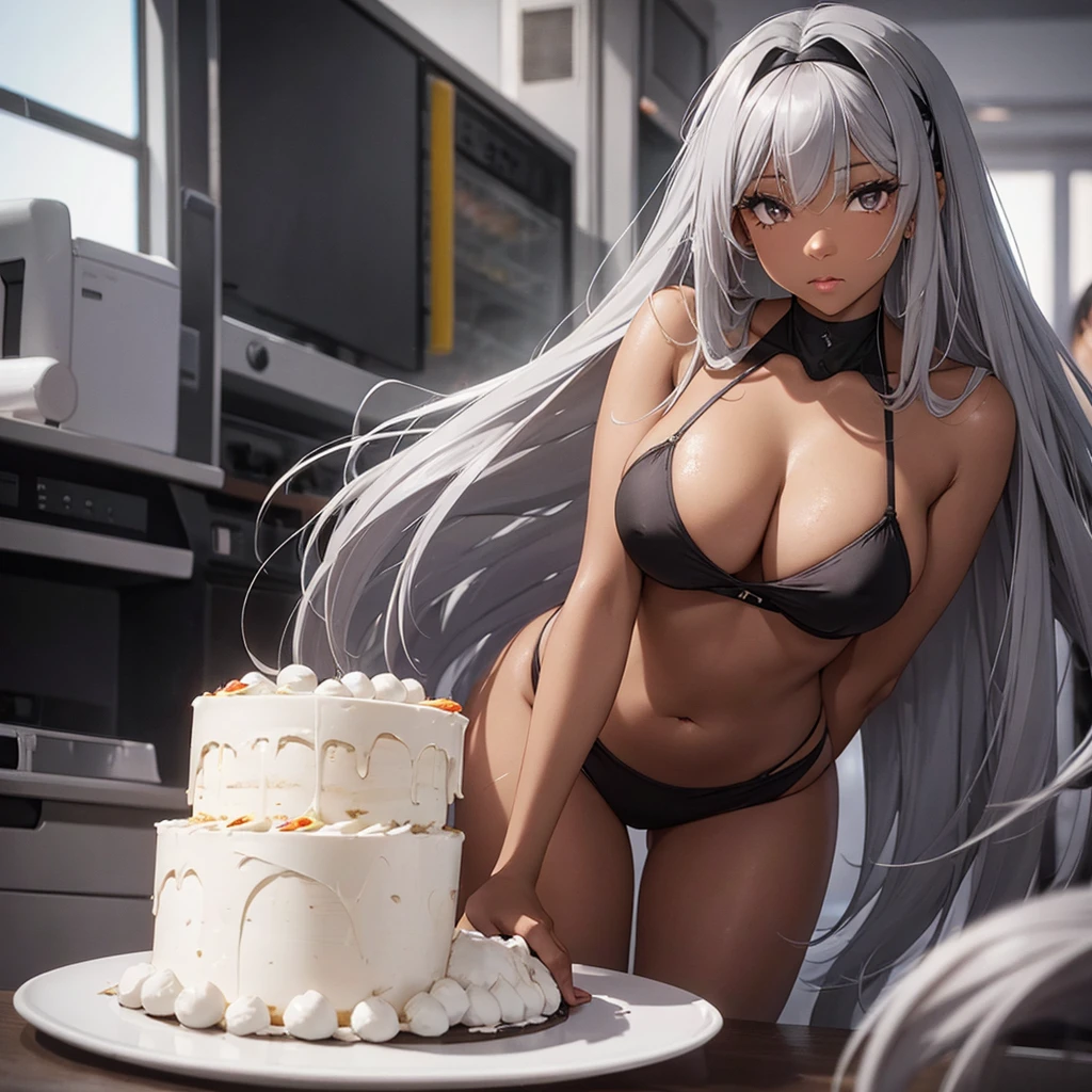 Black girl with long gray hair, gray eyes. thin lips fat body It floats in the cake cream