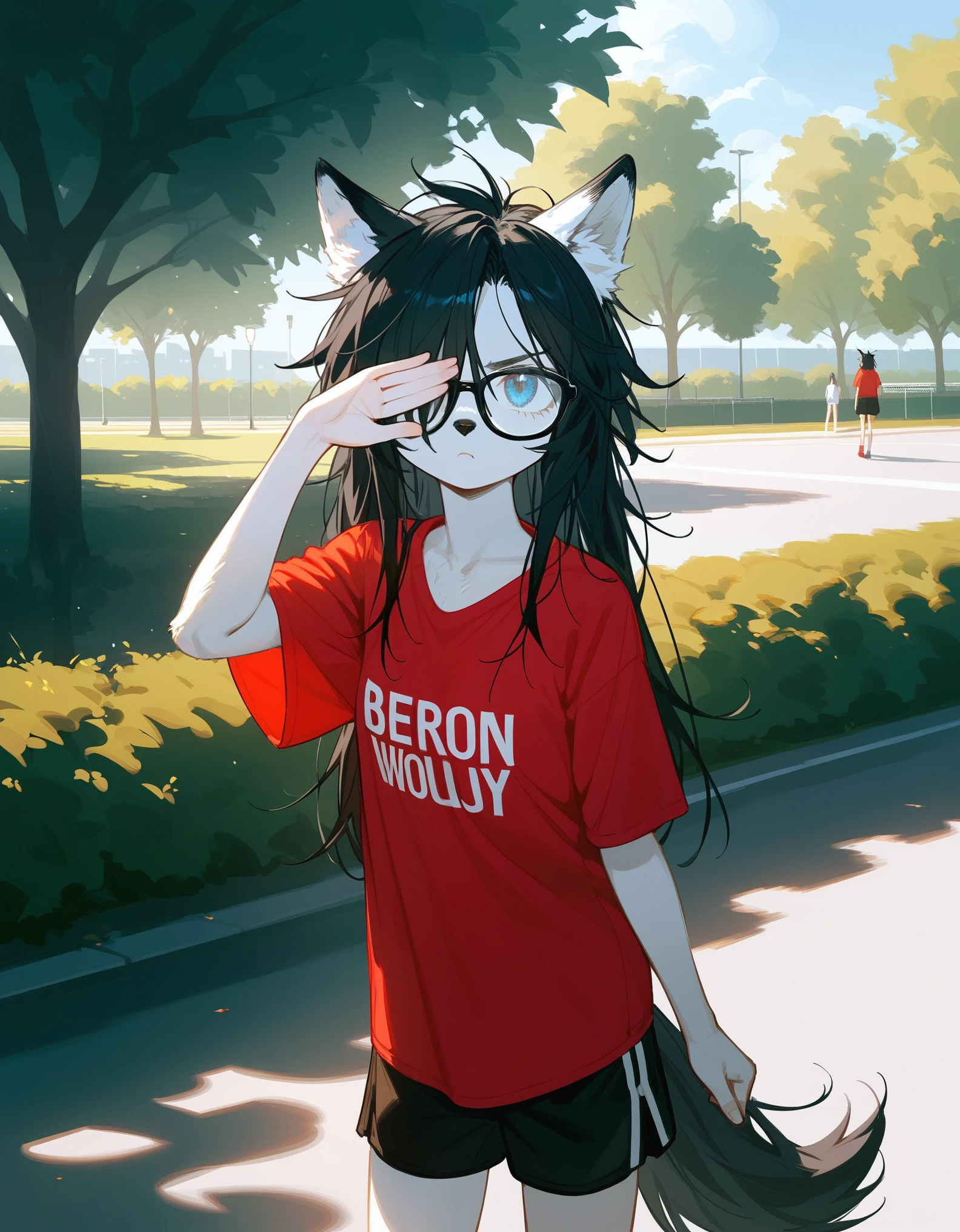 Solo, score_9,score_8_up,score_7_up, a young nerdy Anthro furry wolf woman, wolf snout, white furry body, tall and slender, long black messy hair, black hair, hair in a pony tail, hair covering one eye, black glasses, blue eyes, white wolf ears, small breasts, wearing oversized red t shirt, black boy shorts, standing, outdoors, at a park, looking annoyed, one hand covering her face, shielding her face from the sun, sunny day, looking up, squinting 