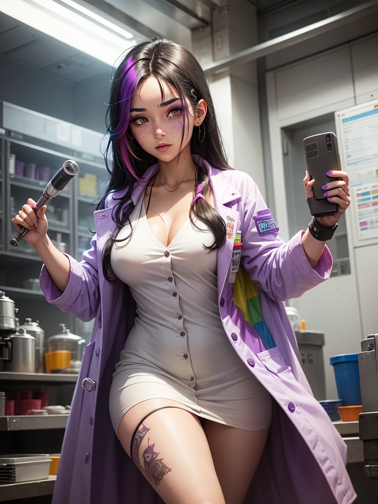 Young woman with black hair, rainbow hair streak, rainbow freckles, prosthetic right arm, rose tattoo, purple eyes, rainbow factory lab coat, white dress