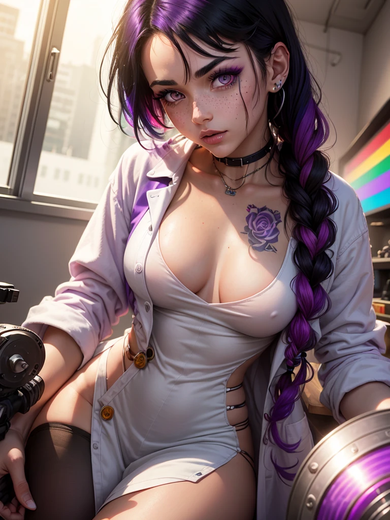 Young woman with black hair, rainbow hair streak, rainbow freckles, prosthetic right arm, rose tattoo, purple eyes, rainbow factory lab coat, white dress