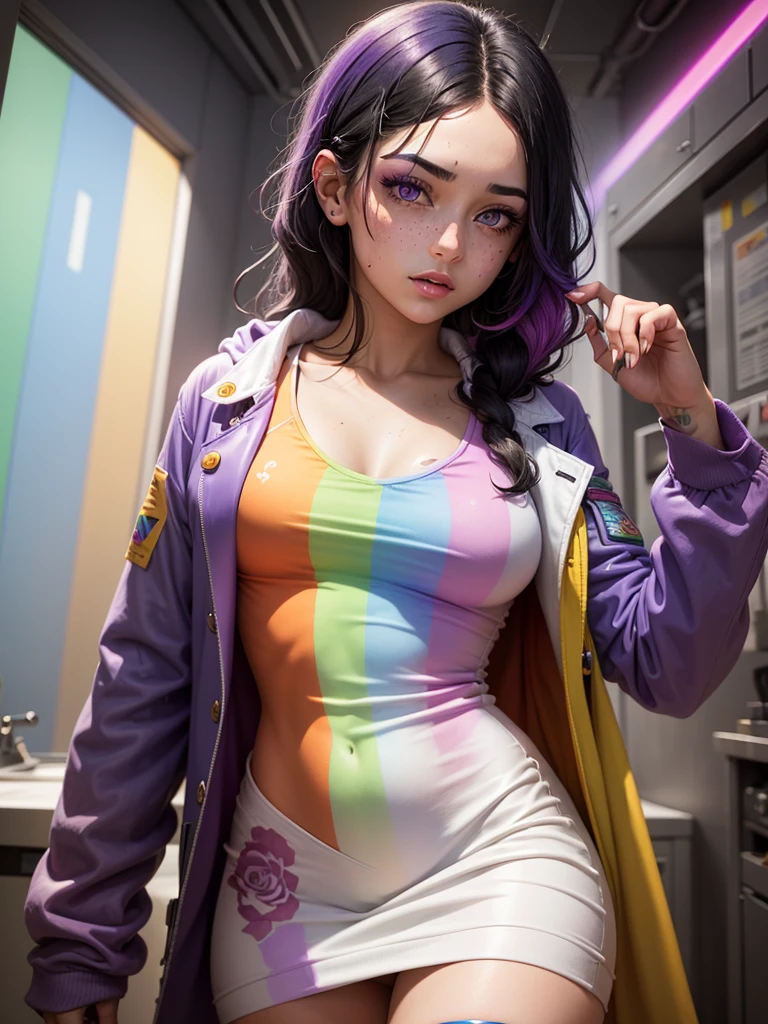 Young woman with black hair, rainbow hair streak, rainbow freckles, prosthetic right arm, rose tattoo, purple eyes, rainbow factory lab coat, white dress