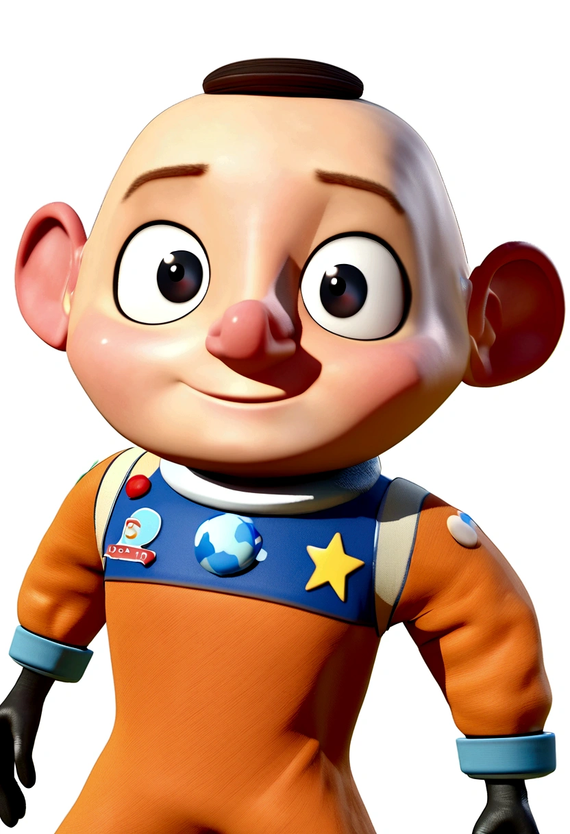 a happy and cute boy with short hair, wearing a space costume, , White background, the , tom, Pixar-style, ....3d, Cartoon s, face detailed, asymmetric 16k