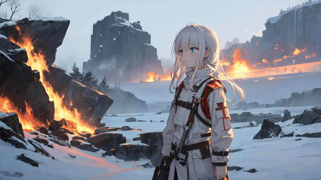 masterpiece:1.2), best quality , 独奏 ,pixiv, anime girl ,long straight white hair , black eyes ,Wearing off-white camouflage uniform ,ten years old,modern battlefield,(Eyes looking into the distance:1.3),(look away:1.5),snowy weather,dirty face,The background is a sea of fire with blood on the forehead,dirty face,Backlight,Bare rocky peaks ,Fierce flames are burning,The expression is sad,bullets flying,leave tears