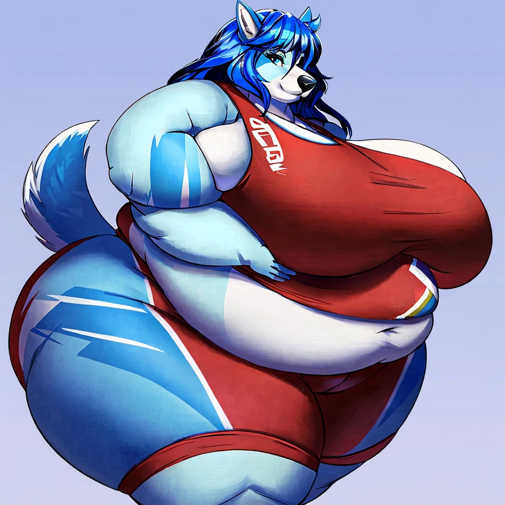 Malamute, female, long hair, gorgeous, beautiful, eyelashes, voluptuous, plump, belly rolls, fat arms, fat legs, ,tank top, shorts ,huge saggy breasts ,fringe on eye,heavy top, huge hips huge thighs heavy bottom ,sports bra,sports shorts, simple background , obese, belly rolls, fat rolls, belly rolls,belly overhang,rolled up tail,  blue body, light blue stripes,blue highlights ,white,whitehighlights, blue highlights, blue stripes,blue hair,huge butt, blue eyes,blue thigh markings,huge breasts,