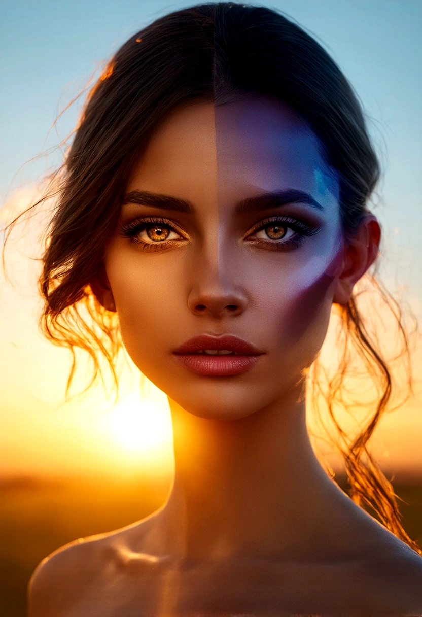 a double exposure of a beautiful young woman's face superimposed over a vibrant sunrise landscape, dramatic lighting, cinematic color palette, serene and ethereal atmosphere, extremely detailed facial features, porcelain skin, flawless complexion, piercing eyes, full lips, lush eyelashes, elegant hairstyle, intricate patterns and textures, dynamic composition, dramatic shadows and highlights, 4k, ultra-detailed, photorealistic, award winning digital art