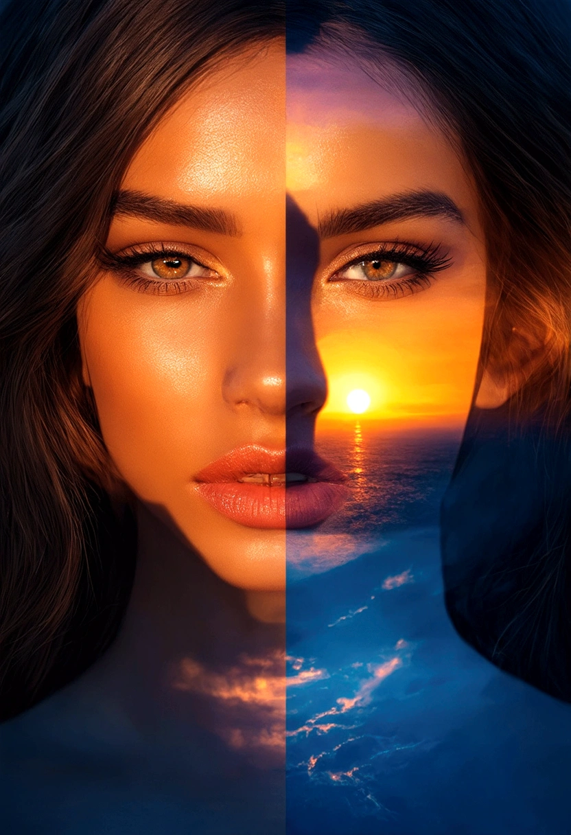 a double exposure of a beautiful young woman's face superimposed over a vibrant sunrise landscape, dramatic lighting, cinematic color palette, serene and ethereal atmosphere, extremely detailed facial features, porcelain skin, flawless complexion, piercing eyes, full lips, lush eyelashes, elegant hairstyle, intricate patterns and textures, dynamic composition, dramatic shadows and highlights, 4k, ultra-detailed, photorealistic, award winning digital art