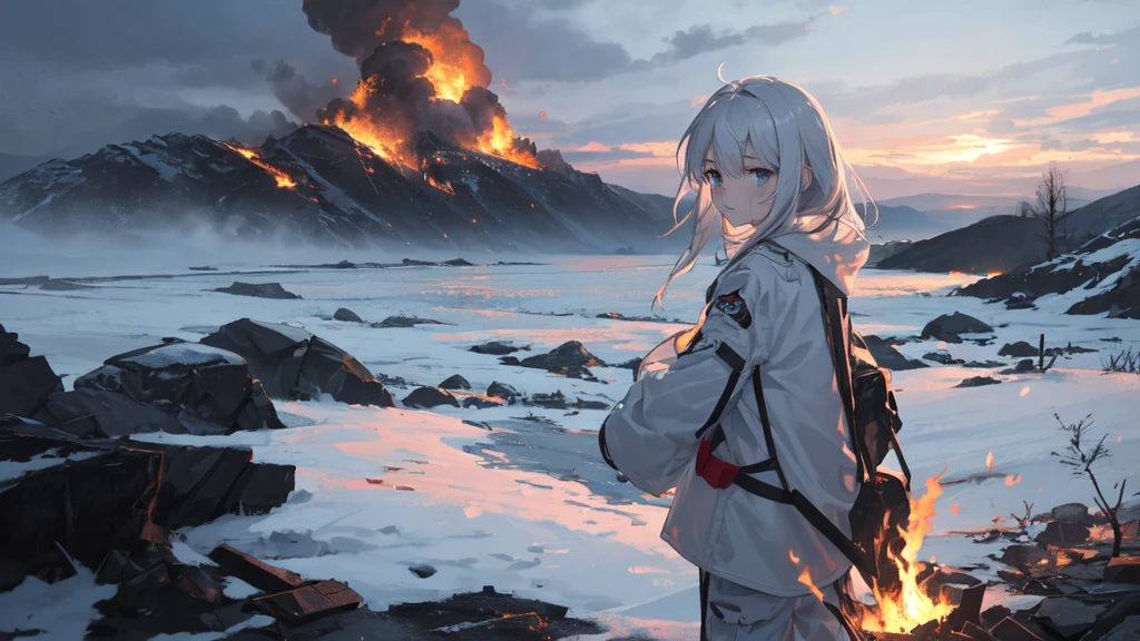 masterpiece:1.2), best quality , 独奏 ,pixiv, anime girl ，long straight white hair , black eyes ,Wearing off-white camouflage uniform ,，modern battlefield，(Eyes looking into the distance:1.3)，(look away:1.5)，snowy weather，dirty face，The background is a sea of fire with blood on the forehead，dirty face，Backlight，Bare rocky peaks ,Fierce flames are burning，The expression is sad，bullets flying，leave tears