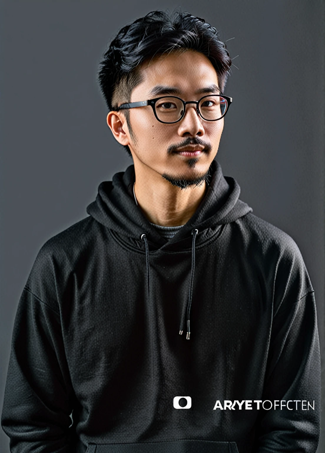 arafed man with glasses and a black hoodie posing for a picture, asian male, closeup portrait shot, mid shot portrait, with glasses and goatee, high quality portrait, wearing a black hoodie, with nerdy glasses and goatee, close up portrait shot, wearing thin large round glasses, portrait shot, wearing black rimmed glasses, wearing small round glasses