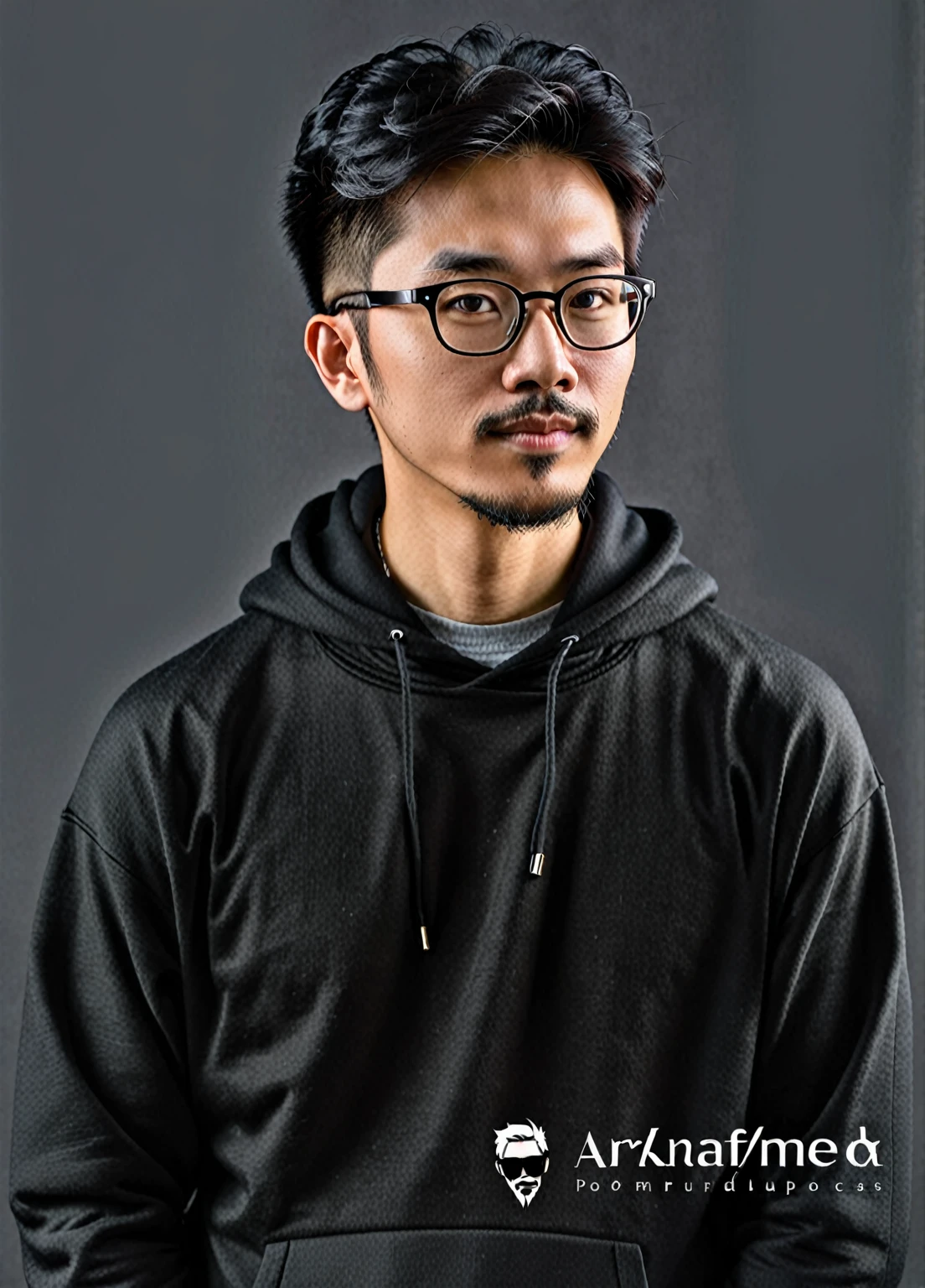 arafed man with glasses and a black hoodie posing for a picture, asian male, closeup portrait shot, mid shot portrait, with glasses and goatee, high quality portrait, wearing a black hoodie, with nerdy glasses and goatee, close up portrait shot, wearing thin large round glasses, portrait shot, wearing black rimmed glasses, wearing small round glasses