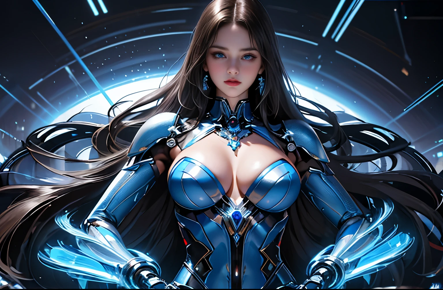 (masterpiece, best quality:1.2), (8k uhd, 16k, 32k, ultra high res), Wide-angle shot, 1 Female, Mecha, Sparkling blue eyes, Very cute face, (photorealistic:1.37), Biomechanical, Complex robot, Bokeh spaceship interior background, Ultra-realistic, Super detailed, Extremely intricate details, Beautiful woman in sharp focus