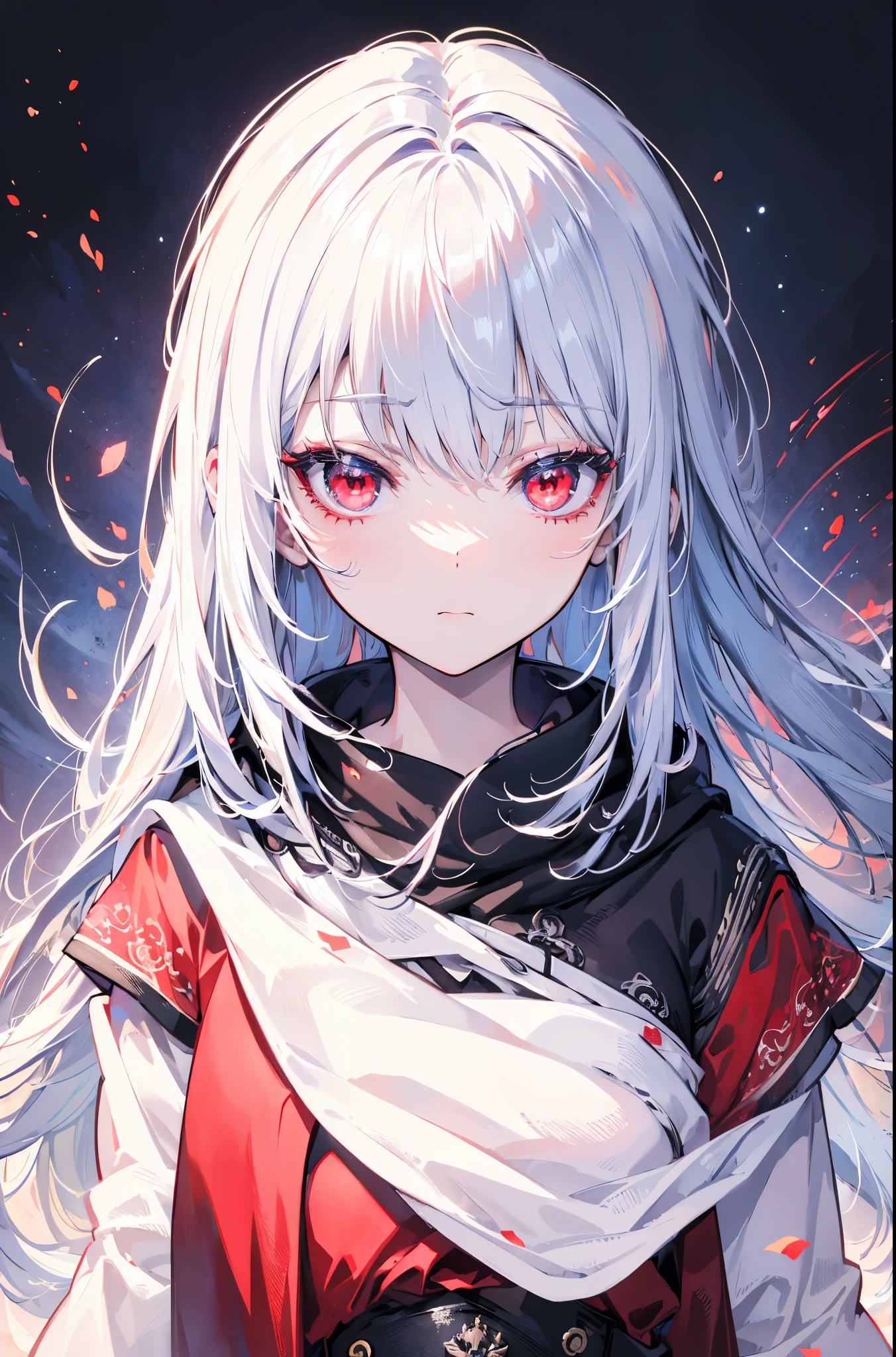 girl, white hair, red eyes, psychopathic, (best quality), detailed face, bloody
