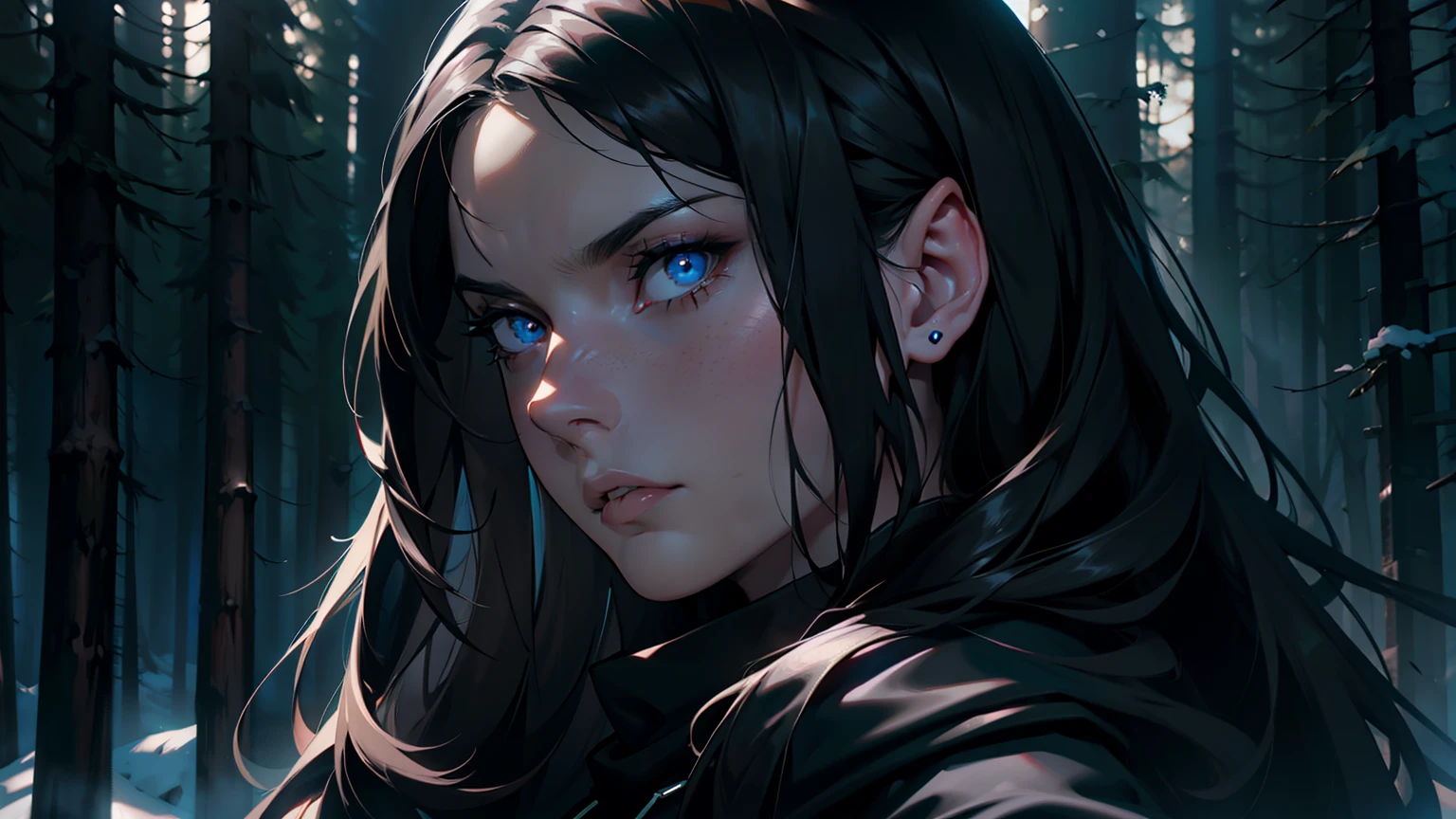 a beautiful woman with long dark hair, detailed facial features, striking blue eyes, full lips, pale skin, wearing a full black cloak, black forest background, looking directly at the camera, full body, serious expression, dark, cinematic lighting, hyper realistic, 8k, photorealistic, masterpiece
