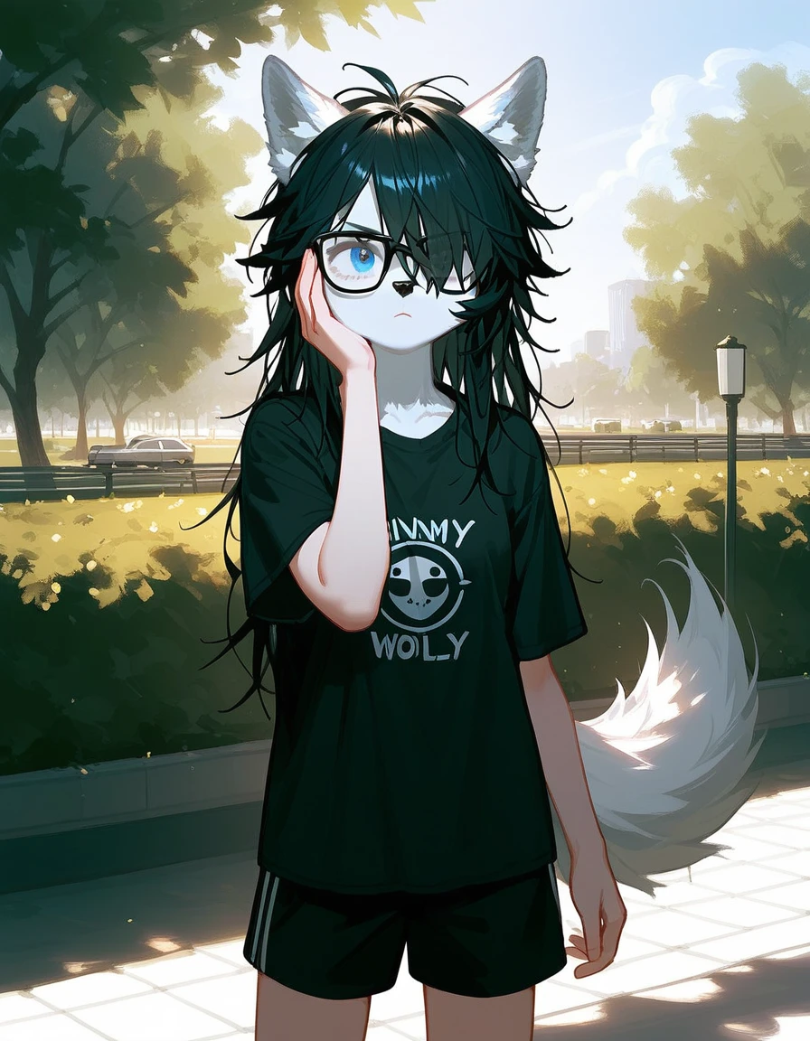 Solo, score_9,score_8_up,score_7_up, a young nerdy Anthro furry wolf woman, wolf snout, white furry body, tall body, long black messy hair, black hair, (hair in a pony tail):1.3, hair covering one eye, black glasses, blue eyes, white wolf ears, small breasts, wearing oversized red t shirt, black boy shorts, standing, outdoors, at a park, looking annoyed, one hand covering her face, shielding her face from the sun, sunny day, looking up, squinting
