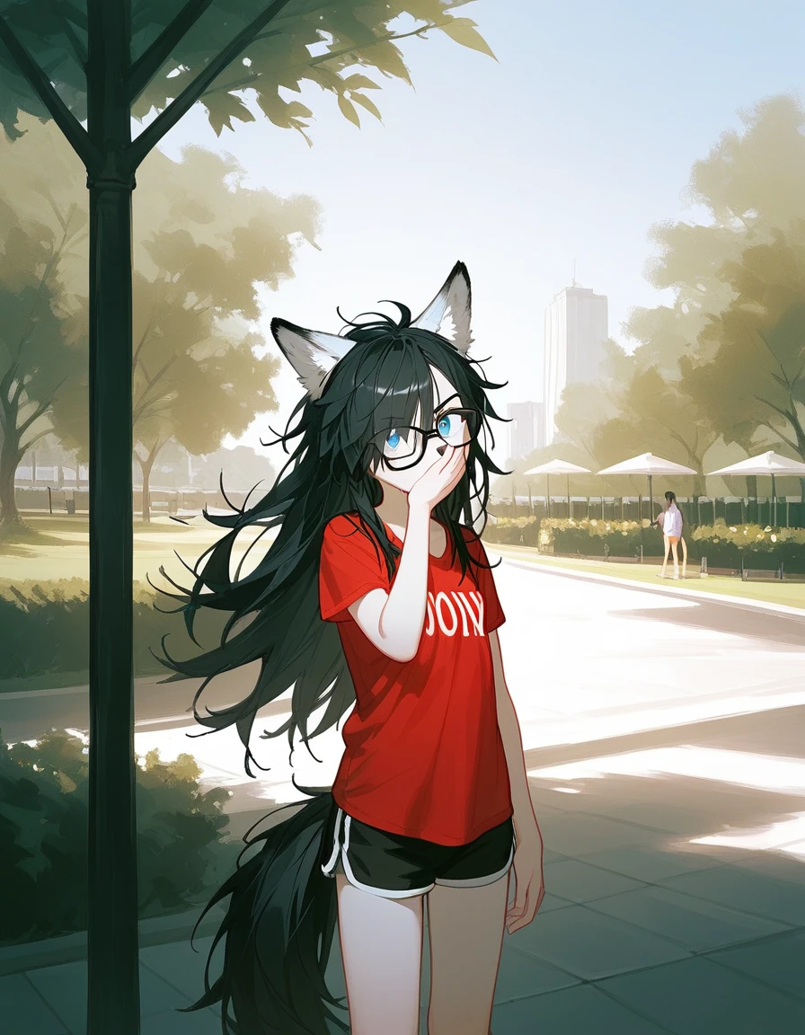 Solo, score_9,score_8_up,score_7_up, a young nerdy Anthro furry wolf woman, wolf snout, white furry body, tall body, long black messy hair, black hair, (hair in a pony tail):1.3, hair covering one eye, black glasses, blue eyes, white wolf ears, small breasts, wearing oversized red t shirt, black boy shorts, standing, outdoors, at a park, looking annoyed, one hand covering her face, shielding her face from the sun, sunny day, looking up, squinting 