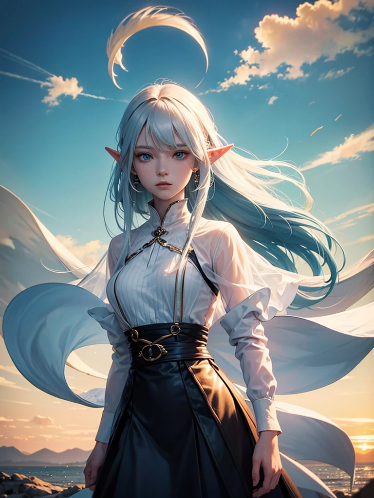 The image depicts a character drawn in an anime style. The character has long white hair, striking blue eyes, and pointed ears, suggesting that they might be an elf or another mystical being. They are wearing earrings and a dark-colored outfit with a high collar. In the background, we see a soft-focus view of the sky with hues of orange and yellow, creating an impression of either sunrise or sunset. The overall mood of the image is serene and contemplative.