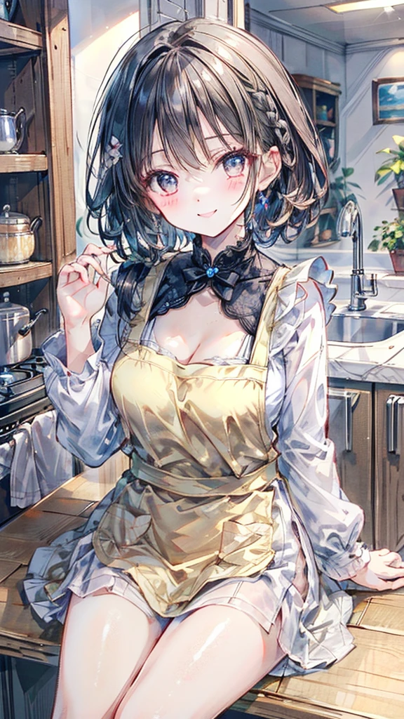 (Best quality, 8k, 32k, Masterpiece, UHD,:1.2),RAW, human, 1girl,ultra cute , ultra cute, natural lighting, transparent shining eyes, 20yo, medium breast ,femur, fair complexion , flushed face, ,Homemade Country Dress,long-sleeved dress in muted colors, Handmade apron for practicality and style, sturdy fabrics like cotton, Happily Smiling, kitchen, sitting on the stool, short hair, side braid, Cleavage Cutout