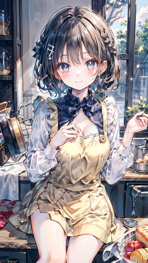 (Best quality, 8k, 32k, Masterpiece, UHD,:1.2),RAW, human, 1girl,ultra cute , ultra cute, natural lighting, transparent shining eyes, 20yo, medium breast ,femur, fair complexion , flushed face, ,Homemade Country Dress,long-sleeved dress in muted colors, Handmade apron for practicality and style, sturdy fabrics like cotton, Happily Smiling, kitchen, sitting on the stool, short hair, side braid, Cleavage Cutout
