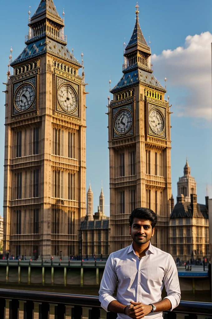 Generate Indian guy near London Big Ben. Should wear smart casual. Blurr the face