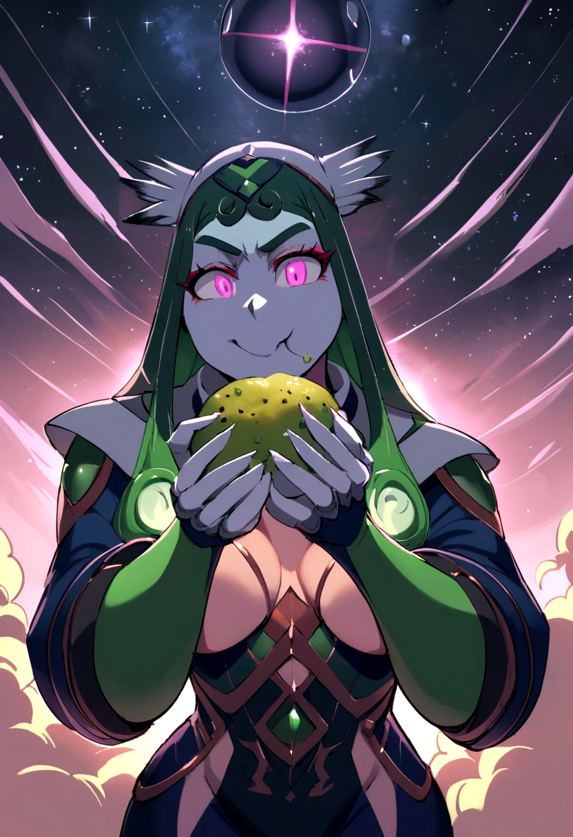 anime style, green skin plant girl, green skin, pink hair, leaves visible on the body, beautiful character, red eyes, captivating smile, dressed in a cleric outfit.