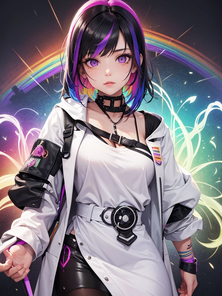 Young woman with black hair, rainbow hair streak, rainbow freckles, prosthetic right arm, rose tattoo, purple eyes, rainbow factory lab coat, white dress