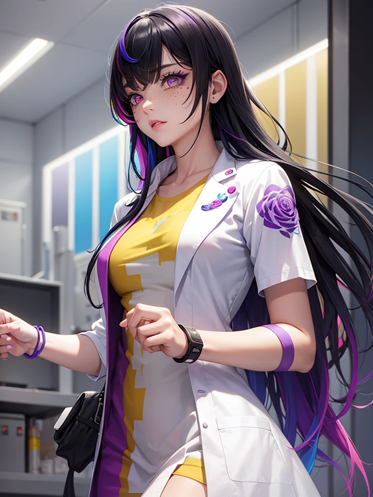 Young woman with black hair, rainbow hair streak, rainbow freckles, prosthetic right arm, rose tattoo, purple eyes, rainbow factory lab coat, white dress