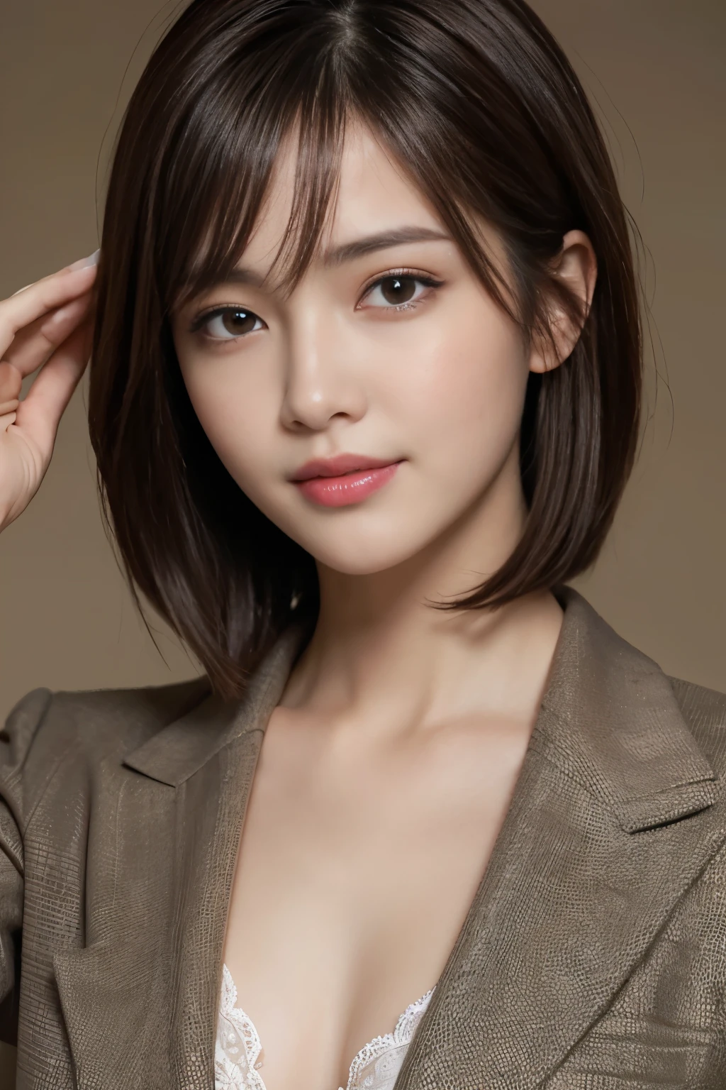 The best quality at its best, Realistically, Super detailed, More about pubic hair, High resolution, Plain background，8k wallpaper, One beautiful woman,,Light brown short hair, Wear a dark suit, Lock Focus, Perfect dynamic composition, Beautiful Eyes, Delicate hair, 细致Realistically的皮肤纹理, smile, Close-up portrait, Model Body Type