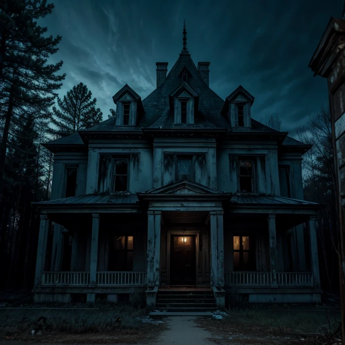 Horror movie scene abandoned sinister mansion at night with gloomy forest around it seen from across the street