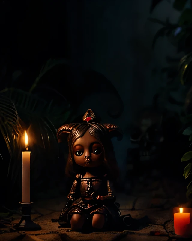 ultra-realistic detailed photograph of a medium-sized plastic doll with big eyes (doll, not human) filled with red liquid on its body sitting in a dark, ghostly garden, with several skulls, candelabra, images of black goats (baphomet). aesthetic coquette