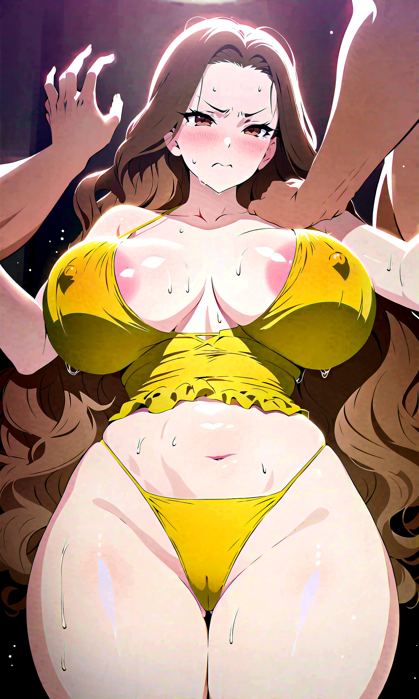 ,NSFW,best quality, 1 girl,streaming tears,  glamorous, voluptuous, forehead, long wavy brown hair ,yellow  swimsuit,scowl,（（many boys touch the girl breast））