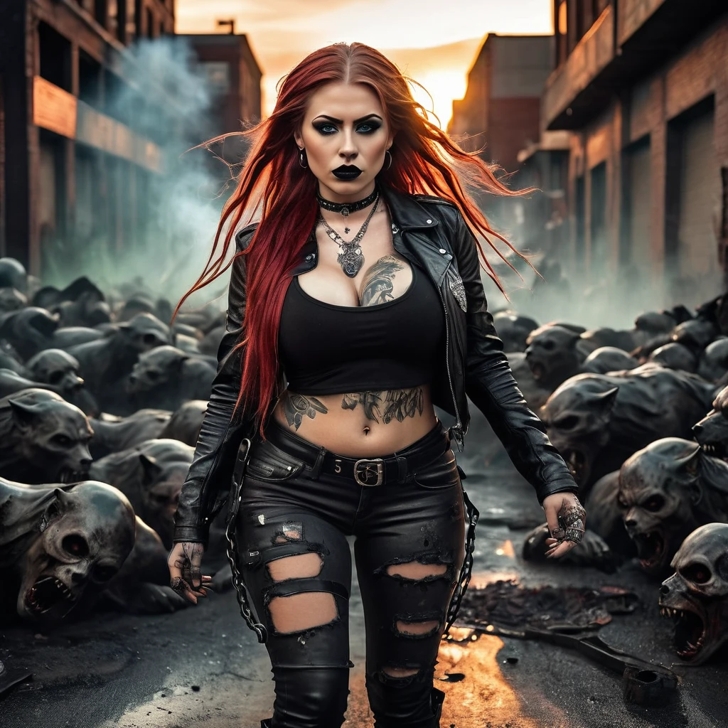 s, brass knuckles, The city was consumed by unrelenting flames, 26 year young woman, long red braided hair, green eyes, black lipstick, black eyeshadow, black eyeliner, detailed face, 4K UHD, wet skin, biker vest, nightlife, freeway, sweat body, elegance, femme fatale, completely tattooed body, nice big brssed jaw, full body, night, black leather Choker, black Leather jacket, Korsage, strong faith, fullbody goth tatooed, apokalypse, Zombies, Biker Girl, fighting against Zombies, torn leather shorts, dark heaven, city is on fire, apokalyptische Stadt, Machete in Hand, Overknies High heels, Sunset, standing between Zombies, Rubble city, underground, masterpiece, infalmmation town, sexy woman, perfeface, realistic, sexy eyes, hd, uhd, ck smoke, the walking dead, weat skin, sunset, forest, perfect eyes, realistic eyes, tatooed body, a black wolf companion, realistic wolf, crashed cars, burnig cars, chains, Pirced Woman, dead bodies, black wolfs, Boyfriend on her side, biker club