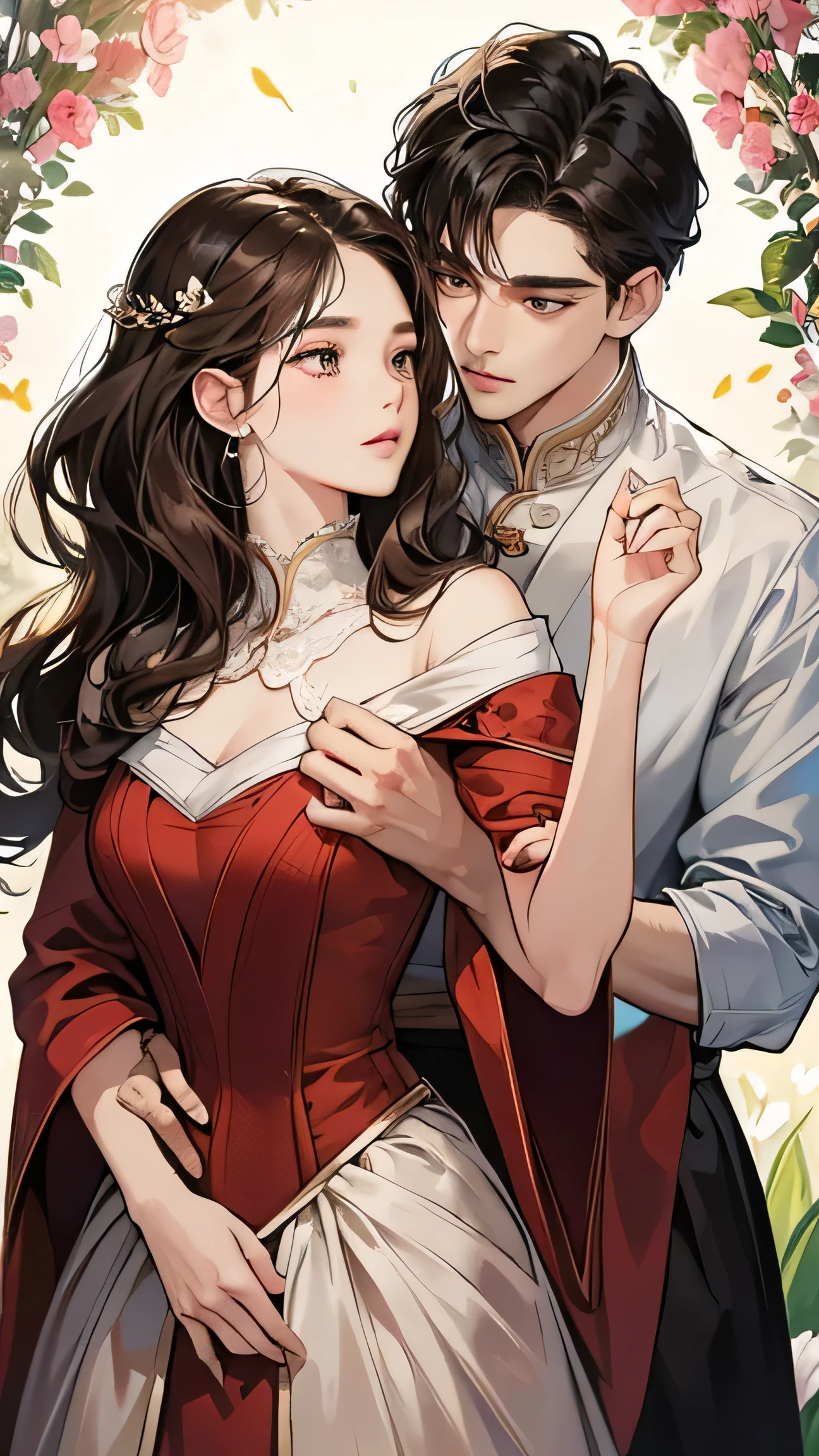 (Mesa, digital illustration, 4k, 8k, super detailed, Beautiful images, clear image, Perfect face, perfect lines, Perfect eyes, soft lighting) Two people 1 RO WOON is a prince who has jet black hair., He wears a royal outfit and is in love with the commoner 2 IU, who has curly brown hair and is wearing a red dress, THEY GET THEIR FOREHEADS TOGETHER affectionately, Illustration of the cover of a romantic book with a detailed description., seeds, bright background full of flowers