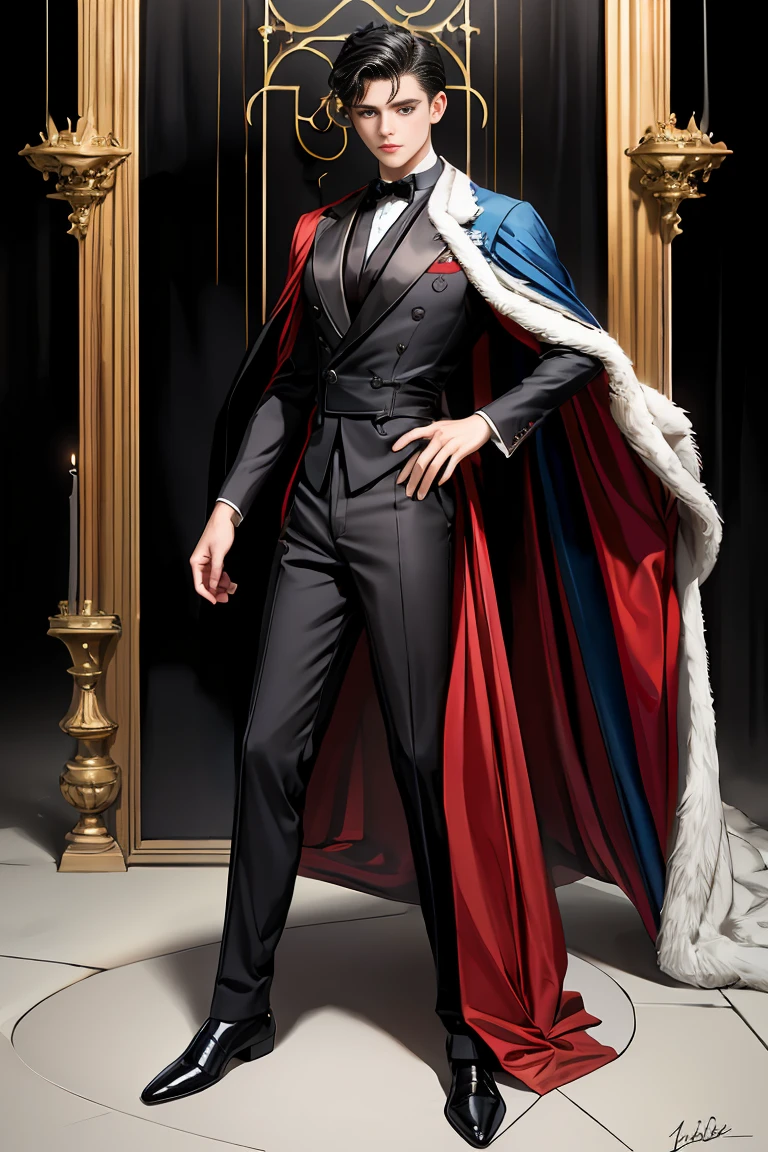 masterpiece, 最high quality, high quality, 1 boy, alone, Male focus, Watching the audience, Messy black hair, Adorable big blue eyes, White people, Noble, Noble,Sexy voluminous black and red cape、Tuxedo、A very voluminous, large, very large, very large, long, long red and black cape with a high stand-up collar, reaching down to the floor, made of a lot of fabric., 17 years old,Cute beautiful boys,Cute, cute, kind, handsome guy