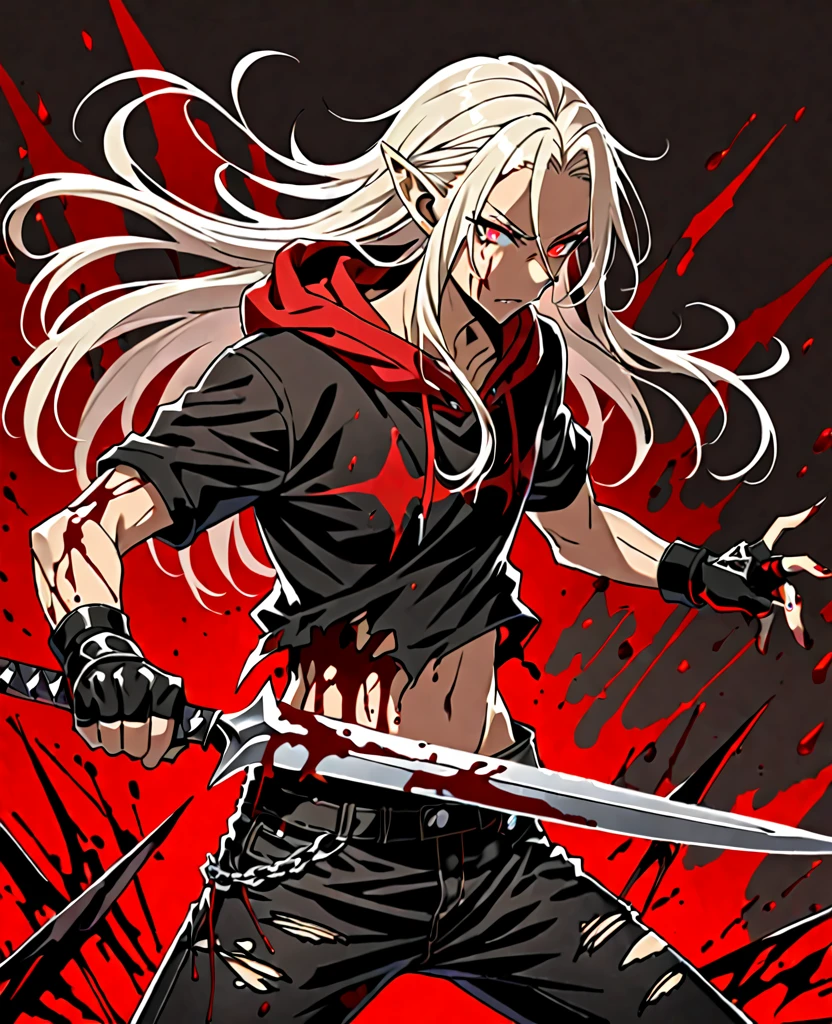 Male,5'4,pierced pointy ears,light skin,red eyes, white ombre long hair half up half down,black albow length fingerless gloves,ripped red short sleeve cropped hoodie,black tight shirt,ripped black jeans,killing his enemies with twin daggers,covered in blood