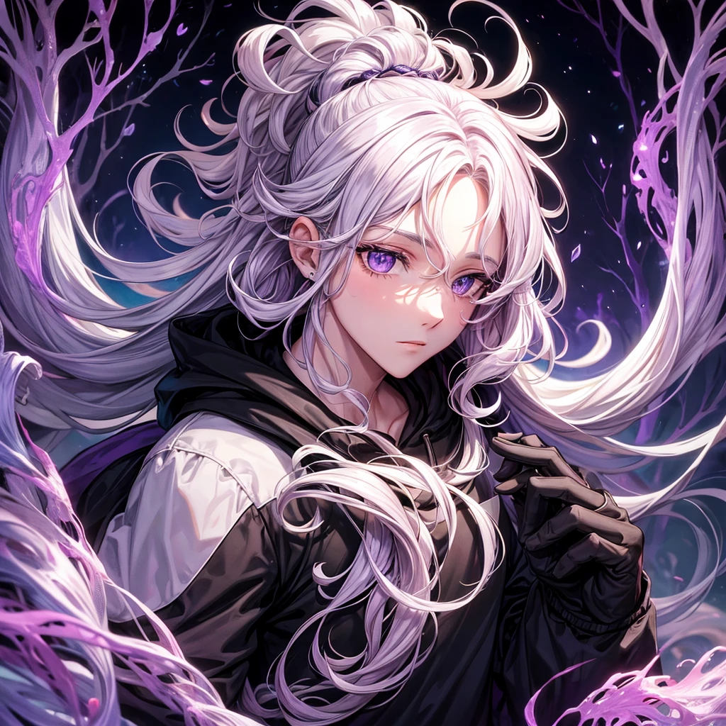 A gentleman with white curly hair,have purple eyes,half face damaged,wearing hoodie,on nature set
