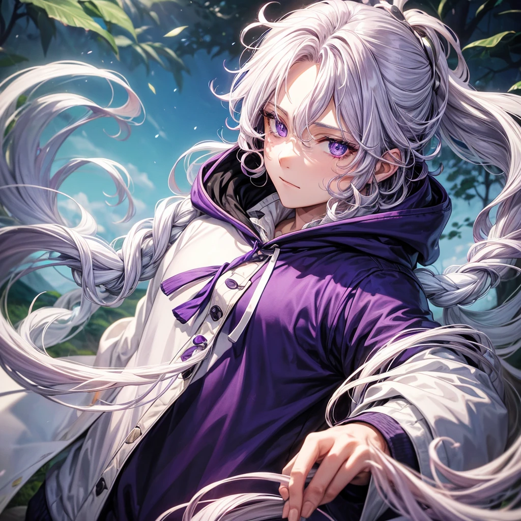 A gentleman with white curly hair,have purple eyes,half face damaged,wearing hoodie,on nature set