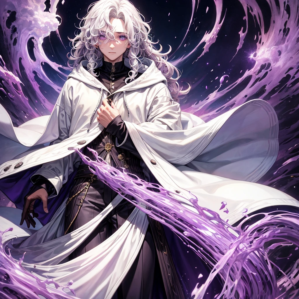 A gentleman with white curly hair,have purple eyes,half face damaged,wearing hoodie,on nature set