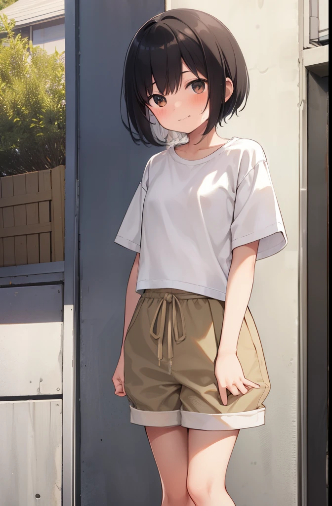 Residential Street,smile,Are standing,Put your hands behind your back,Yandere's Eye,1 ,boyish.Two-block shorthair,Black Hair,blush,White T-shirt,Olive green shorts,Brown Sandals,White skin,summer,From below,shy,Sweat,Open your mouth,