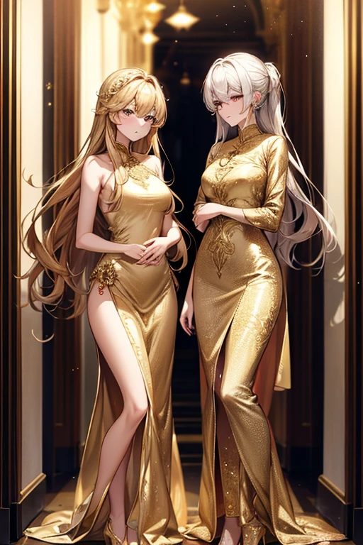 Two women in dresses standing side by side in a hallway, シルキーcovered in gold, Golden Dress, covered in gold, Gold Silk, Elegant evening dresses!, Aodai, Elegant gold body, シルキーパープルとcovered in gold, In Ram Man style, Golden Goddess, Golden Robe, Wearing a long gown, Golden Clothes, Golden hues appear naturally